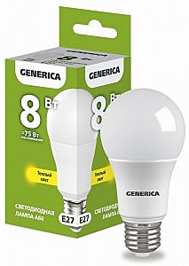 Лампа GENERICA ЛОН А60 Е27 8W(800lm) 3000K 2K 55x100 матов