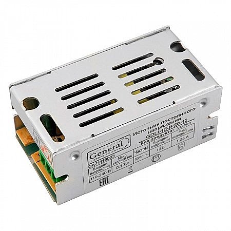 Блок питания для светодиодной ленты 12V, 15W, 70x38x30мм, GDLI-15-IP20-12 General 