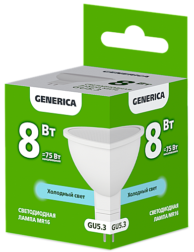 Лампа GENERICA MR16 GU5.3 8W(800lm) 6500K 50x52 матовая