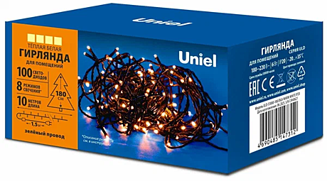 Гирлянда-нить ULD-S1000-100/DGA 100LED тепл.белый. 10м, 8 реж.зелен.провод IP20 Uniel