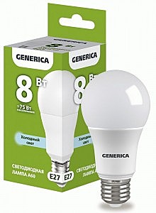 Лампа GENERICA ЛОН А60 Е27 8W(800lm) 6500K 6K 55x100 матов
